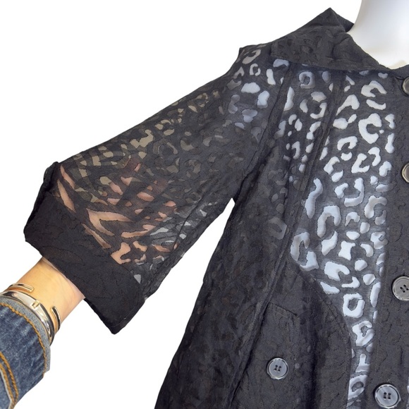 Black Sheer Lace Leopard Print Burnout Asymmetrical Big Button-Up Blazer Blouse - Picture 5 of 8
